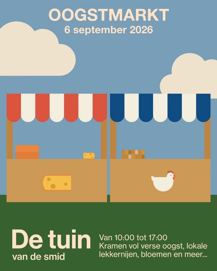 Poster voor de oogstmarkt op 6 september 2026 bij De Tuin van de Smid